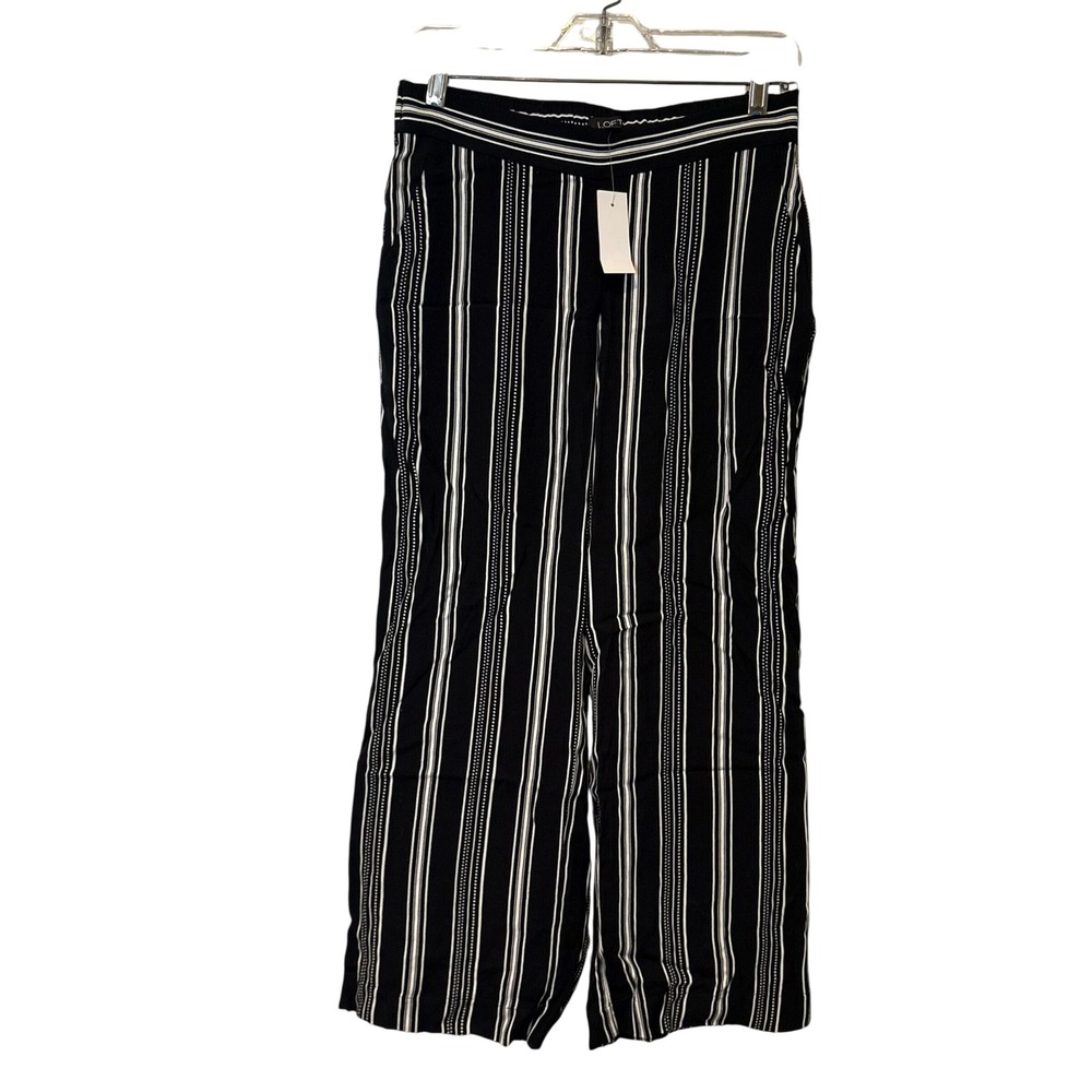 LOFT Wide Leg Pants Women XS Black White Striped Elastic Waist Pull‎ On NWT